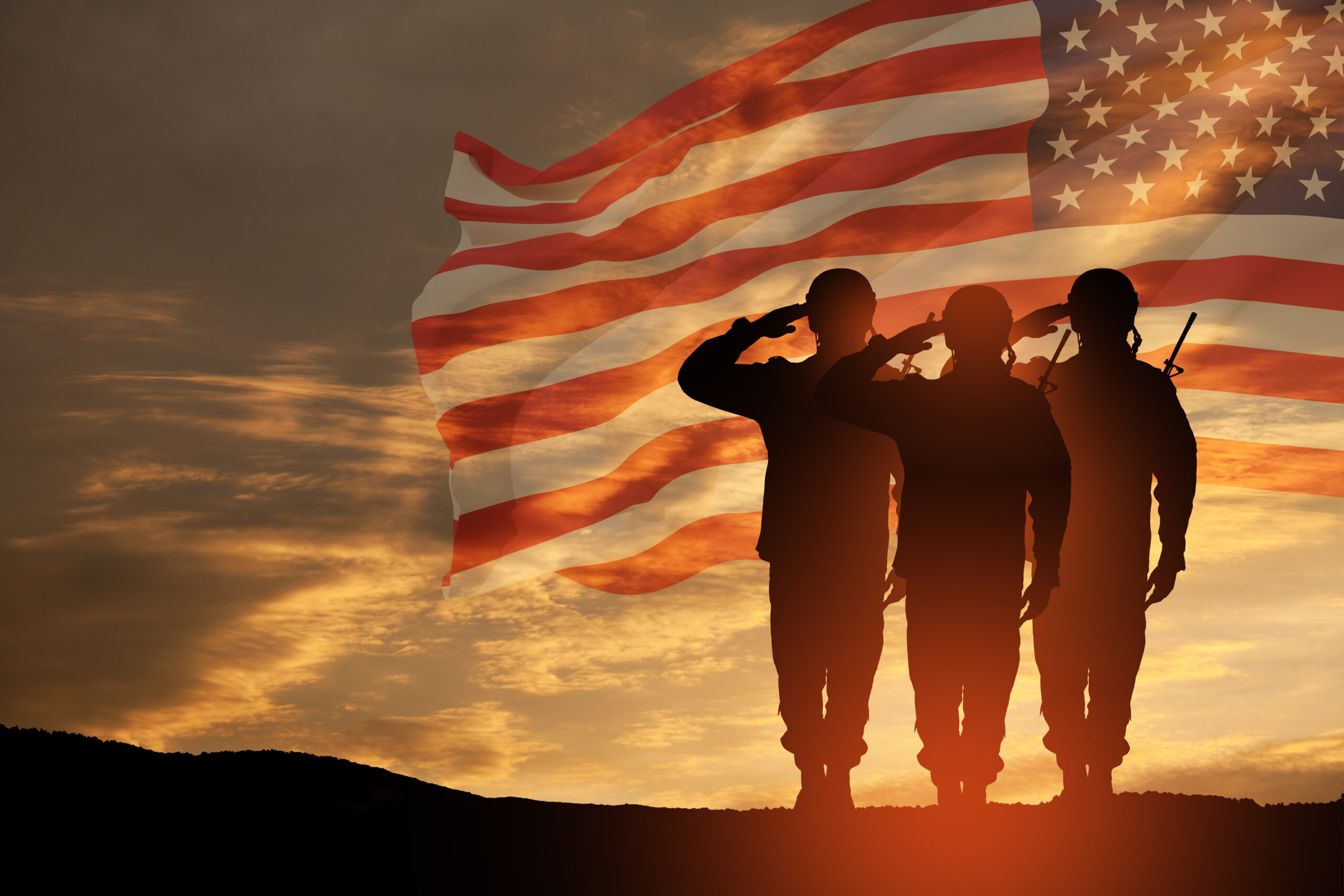 USA army soldiers saluting on a background of sunset or sunrise and USA flag. Greeting card for Veterans Day, Memorial Day, Independence Day. America celebration. 3D-rendering.